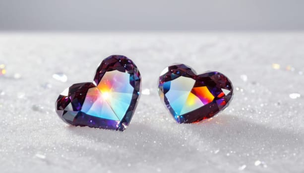 crystal's, translucent, transparent, close-up with a deep depth of field, Two red hearts on abstract white background with falling crystals, realistic detailed, transparent colors of the rainbow hearts, transparent scattering crystals, lens flare, glints