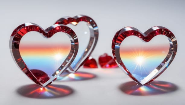 crystal's, translucent, transparent, close-up with a deep depth of field, Two red hearts on abstract without horizontal line white background with falling crystals, Two, red, realistic detailed, transparent colors of the rainbow hearts, transparent scattering crystals, lens flare, glints