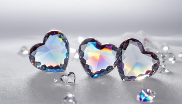 crystal's, translucent, transparent, close-up with a deep depth of field, Two red hearts on abstract white background with falling crystals, realistic detailed, transparent colors of the rainbow hearts, transparent scattering crystals, lens flare, glints