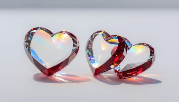 crystal's, translucent, transparent, close-up with a deep depth of field, Two red hearts on abstract without horizontal line white background with falling crystals, Two, red, realistic detailed, transparent colors of the rainbow hearts, transparent scattering crystals, lens flare, glints