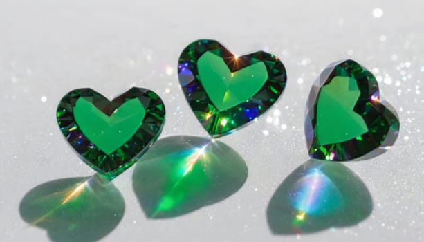 crystal's, translucent, transparent, close-up with a deep depth of field, green hearts on abstract without horizontal line white background with falling crystals, green, realistic detailed, transparent colors of the rainbow hearts, transparent scattering crystals, lens flare, glints