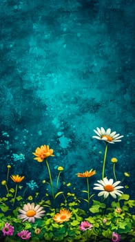 Burst of spring against a teal canvas, showcasing a mix of blooming daisies and gerberas, vertical banner with copy space