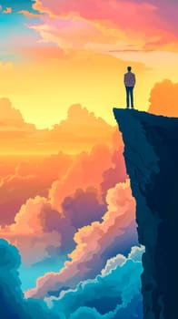 solitary figure standing on the edge of a cliff, looking out over a vast expanse of colorful, layered clouds, conveying a sense of reflection, contemplation, and the sublime beauty of nature, vertical