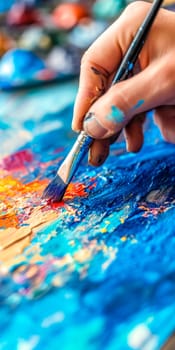 Artist's hand painting vivid hues on canvas, a dance of red and blue under creative spell, vertical