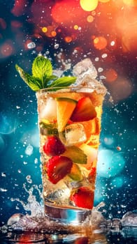 Refreshing fruit cocktail with a splash, set against a sparkling bokeh backdrop, vertical