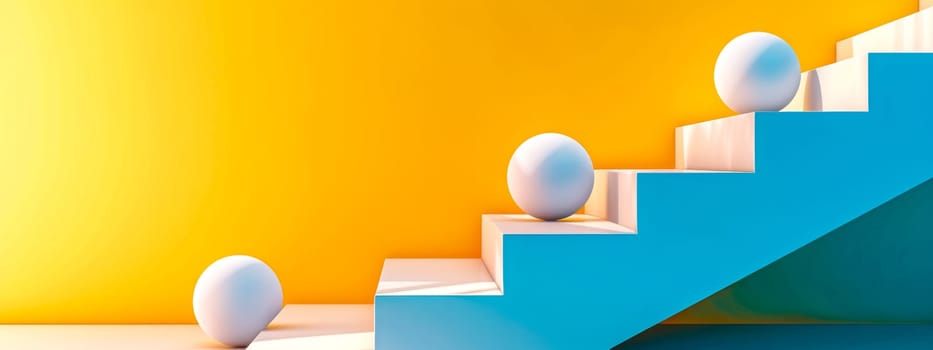 Minimalist abstract with blue steps and spheres against a sunny yellow backdrop, banner