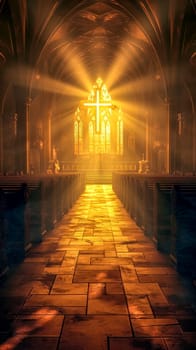 Sunlight bathes a church interior, casting a divine glow over a cross and stone aisle, vertical