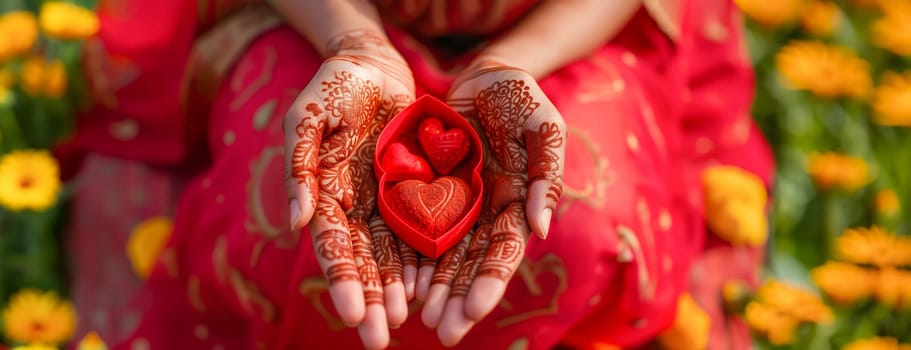 Banner Indian Asian Woman Holds Red Box with Sweets, Chocolate in Shape of Heart. St. Valentine's Day or Wedding. Female Hand with Mehndi Tattoo. Flowers, Love, February, 14 AI Generated Horizontal