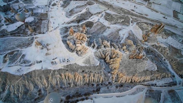 Volcanic rocks of Cappadocia in the winter in Turkey. Aerial view