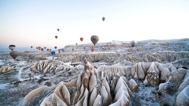 Multi-colored balls in Cappadocia on the background of volcanic rocks