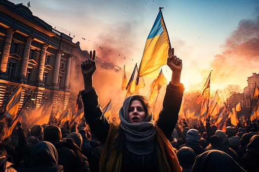 Girl at a rally, holding the Ukrainian flag against war. A stock photo symbolizing resilience and the call for peace and unity.