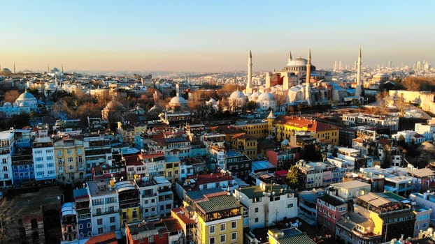 Evening aerial panorama of Istanbul overlooking Hagia Sophia