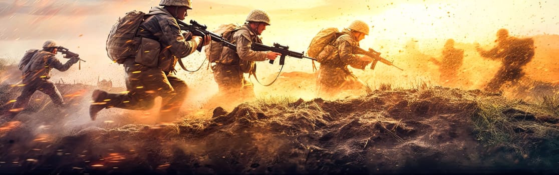 Soldiers in dynamic action on the battlefield, surrounded by explosions, embodying strength and courage