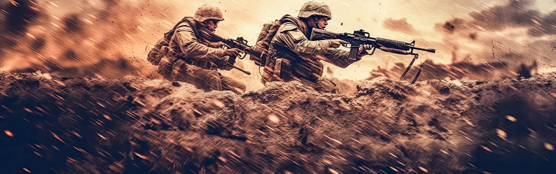 Soldiers in dynamic action on the battlefield, surrounded by explosions, embodying strength and courage