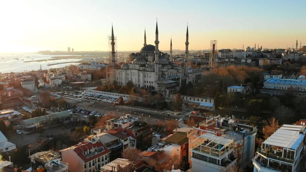 Evening aerial panorama of Istanbul overlooking Blue Mosque