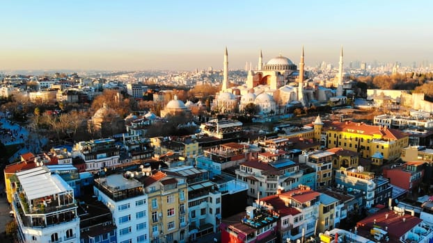 Evening aerial panorama of Istanbul overlooking Hagia Sophia and the Blue Mosque