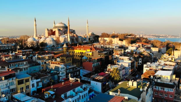 Evening aerial panorama of Istanbul overlooking Hagia Sophia