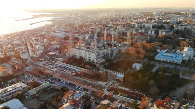 Evening aerial panorama of Istanbul overlooking Blue Mosque