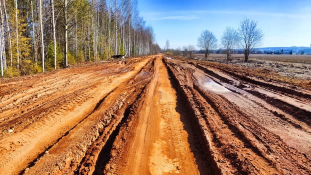 Dry dirt clay rural road in a field, stretching to the horizon in early spring. Rustic landscape