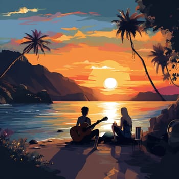 Capture the magical combination of soothing melodies, the warmth of a setting sun, and the timeless allure of the ocean with this charming illustration. Set against a serene beach backdrop, this picturesque sunset scene showcases golden rays of sunlight reflecting off the calm waters. A couple of musicians can be seen playing calming melodies on instruments like a guitar and a flute, near a beach bonfire. Wisps of smoke gently rise into the evening sky, adding to the peaceful atmosphere. Silhouettes of seagulls gliding gracefully across the horizon enhance the sense of tranquility and beauty. Immerse yourself in the tranquility of this scene and let the soothing blend of sun, sea, and melodies transport you to a place of serenity.