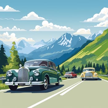 Embark on a nostalgic journey with this picturesque road trip through time. Immerse yourself in the captivating beauty of vintage wheels as you explore different eras and their unique design features. The road stretches into the distance, surrounded by lush green fields, creating a serene and inviting atmosphere. A convoy of classic vintage cars, representing various decades, travels along the road, each car exuding the charm and nostalgia of its time. The bright and vibrant color palette enhances the allure of these timeless vehicles, while scenic mountains in the background and a blue sky with fluffy white clouds add a touch of realism to the scene. This image invites you to embrace adventure, freedom, and an appreciation for the beauty of vintage automobiles.