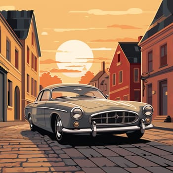 Experience the enchantment of vintage cars with this timeless illustration. Immerse yourself in the nostalgia of the 1950s as you admire a classic car parked on a picturesque cobblestone street, basking in the warm glow of a setting sun. The illustration showcases the sleek lines and elegant curves of the car, capturing the essence of its nostalgic charm. The subtle color palette evokes a sense of longing and nostalgia, while the intricate details, such as chrome accents and whitewall tires, add to the car's allure. The vibrant storefronts with their hand-painted signage, old-fashioned lampposts, and glimpses of bustling city life in the background transport you to a bygone era of sophistication and elegance. Get ready to be captivated by the timeless beauty of vintage cars.