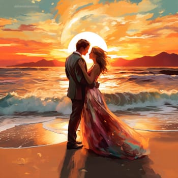 Immerse yourself in the captivating world of love, commitment, and adventure with this vibrant illustration titled 'Ocean of Promises: An Everlasting Vow Exchange'. This eye-catching artwork depicts a unique vow exchange set against the backdrop of a magnificent ocean, creating a truly magical moment. Picture a couple standing on a secluded beach, surrounded by crashing waves, golden sands, and a breathtaking sunset painting the sky with vibrant hues. The couple, adorned in elegant attire, radiates both joy and serenity as they exchange heartfelt promises. You'll be enthralled by enchanting mermaids swimming nearby and beautiful seashells scattered around, further enhancing the enchanting atmosphere of this scene. This artwork is designed to evoke feelings of romance, destiny, and eternal love, making it perfect for a diverse audience seeking captivating visuals for wedding invitations, marriage blogs, or even anniversary festivities.