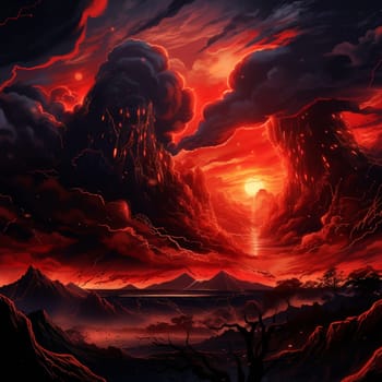 Get ready to be captivated by the mesmerizing scene titled 'Lava's Dance'. In this artwork created in the manga art style, a vibrant and dynamic volcanic eruption takes center stage. The lava gracefully swirls and dances in the air, forming intricate patterns against a dark and dramatic sky. The intense heat, stunning colors, and the raw power of nature combine to create a spectacle that will leave viewers in awe. This mesmerizing display of nature's fury evokes a wide range of emotions, from wonder and fascination to a sense of danger and urgency. The scene deliberately avoids any identifiable landmarks or logos, focusing solely on the beauty and spectacle of the volcanic eruption.