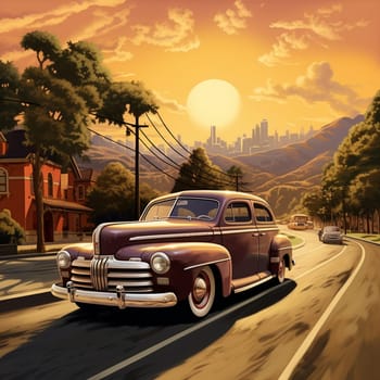 Embark on a journey through time with this captivating image of a vintage car cruising down memory lane. Capturing the essence of a bygone era, this image transports you back in time to an era of elegance and nostalgia. The art style of the image resembles an oil painting, with warm, nostalgic tones that evoke feelings of sentimentality and appreciation for the past.