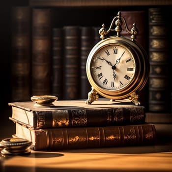 Immerse yourself in nostalgia with this black and white vintage clock. Standing elegantly on a rustic wooden table, it is surrounded by antique books and aged parchment paper, creating a scene that exudes charm and simplicity. The clock's intricate details and crack on its face tell a story of time that has passed, adding to its vintage allure. The soft rays of warm sunlight streaming through a nearby window cast a gentle glow, further enhancing the timeless elegance of this scene.