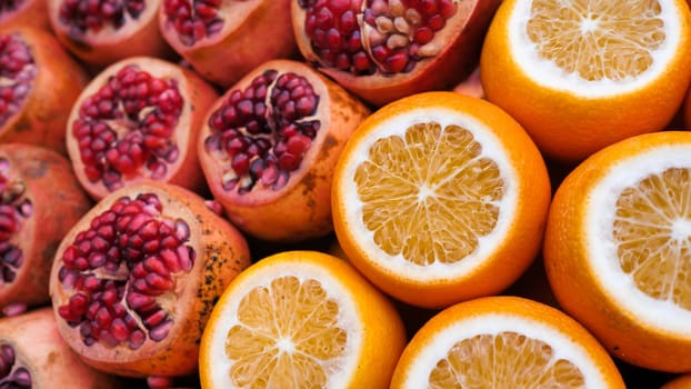 Sliced pomegranate fruits at the bazaar of Turkey