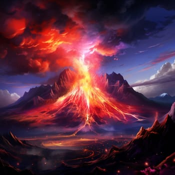 Prepare to be mesmerized by the surreal depiction of a volcanic eruption engulfed in vibrant hues. This captivating image captures the explosive display of fiery power, showcasing the raw intensity of nature's forces. The scene is filled with energy, as flowing lava cascades down the volcano, billowing smoke fills the air, and sparks shoot through the sky. Created in a digital painting style, the high contrast and dynamic brushwork emphasize the dramatic nature of this volcanic event. Get ready to be captivated by the intense beauty and undeniable power of the Fiery Tremor.