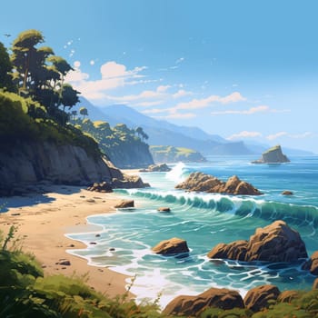 Experience the serene beauty of a peaceful coastline merging harmoniously with the ocean in this vibrant yet realistic artwork. The artwork captures the essence of tranquility as the waves gently caress the shore, creating a sense of peace and harmony between land and sea.