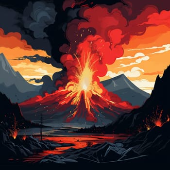 Experience the raw power and intensity of volcanic eruptions with this vivid illustration in a minimalist art style. Titled 'Raging Inferno', this artwork encapsulates the sheer chaos and awe-inspiring beauty of these natural phenomena. The scene depicts a dramatic eruption, with vibrant lava flowing down the slopes, billowing smoke, and molten sparks illuminating the night sky. The landscape surrounding the volcano features a diverse range of elements such as mountains, forests, and bodies of water, adding dynamism to the composition. Let your curiosity ignite as you gaze upon this artwork, evoking a sense of both danger and wonder.