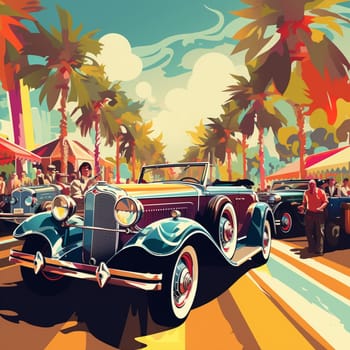 Get ready to step back in time with this artwork inspired by the title 'Driving Into History: Vintage Car Exhibition'. In a retro illustration style, this vibrant artwork transports you to an outdoor setting filled with a line-up of unique vintage cars from various eras. Each car showcases its distinctive design, capturing the timeless beauty and craftsmanship of these classic automobiles. The atmosphere is vibrant and filled with excitement as visitors admire the elegance, glamour, and innovation of vintage cars. Get ready to immerse yourself in nostalgia and experience the allure of a bygone era.