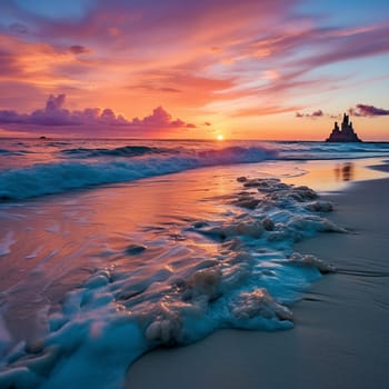 Immerse yourself in the beauty of this serene beach scene! The crystal clear turquoise water gently laps against the shore, creating a tranquil atmosphere. In the foreground, a small sand castle stands tall, untouched by the approaching tide, symbolizing the sense of fleeting moments frozen in time. The sky is ablaze with hues of orange and pink as the sun sets on the horizon, casting a warm glow over the scene. Just beyond the shoreline, a majestic wave forms, frozen in time, capturing the essence of perpetual motion and the timeless power of the ocean. The vibrant colors and calm, yet powerful energy of this everlasting surge are beautifully depicted in this artwork's artistic style.