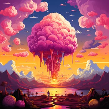 Immerse yourself in the delightful chaos of the Blazing Meltdown, a surreal volcanic eruption where a vibrant pixel art-style volcano spews torrents of melting ice cream cones instead of lava. The scene is filled with a whimsical atmosphere as swirling cotton candy clouds fill the sky. In the background, people can be seen running away, bowls and spoons in hand, desperately trying to catch the delicious ice cream before it completely melts. The Blazing Meltdown captures the sense of urgency and delight, creating a whimsical and vibrant masterpiece of sweet mayhem.