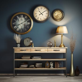 Step into the past with this realistic art style image featuring a collection of vintage clocks arranged on a wooden shelf. The backdrop is a cozy vintage-themed interior that evokes a sense of nostalgia and warmth. Each clock in the collection showcases unique designs, with intricate details and retro aesthetics. The clocks vary in size, shape, and style, ranging from ornate classical designs to sleek mid-century modern styles. The lighting in the scene emphasizes warm tones, enhancing the nostalgic ambiance. A soft focus effect adds to the sentimental atmosphere of the image.