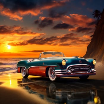 Experience the charm and elegance of vintage cars with our meticulously restored vintage car from the 1950s. This stunning vehicle showcases the allure of the past, gleaming with a flawless paint job that reflects the vibrant colors of the picturesque sunset on a scenic coastal road. Every detail, from the chrome accents to the smooth curves of the body, is carefully portrayed, capturing the timeless elegance of this vintage car. The image evokes a sense of nostalgia and splendor, transporting viewers to a bygone era. The sharp detailing, vibrant colors, and touch of modernity in the art style make this image visually captivating and widely appealing on microstock sites.