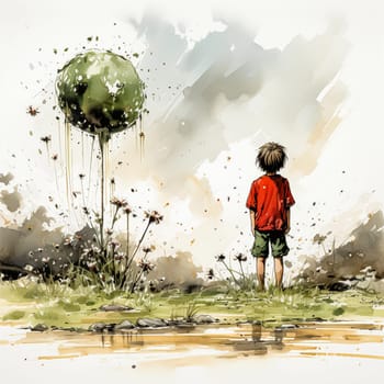 Small child amid huge watercolor flowers enchanting and whimsical illustration.