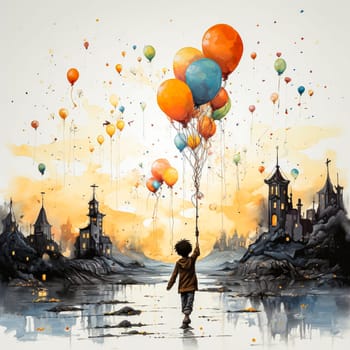 Small child holds many watercolor balloons delightful and cheerful illustration