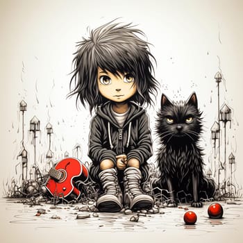 Girl with black hair, surrounded by cats dark, Halloween themed illustration