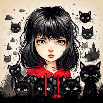 Girl with black hair, surrounded by cats dark, Halloween themed illustration