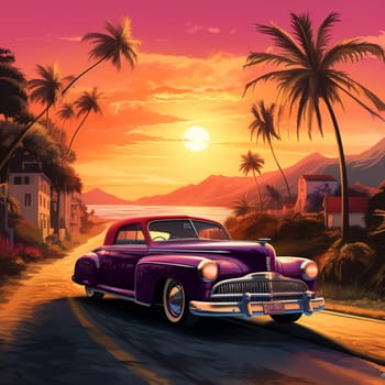 Transport yourself to a bygone era with this stunning image of a vintage car driving down a scenic coastal road during a vibrant sunset. The beautifully restored car exudes a sense of timeless elegance, evoking memories of a simpler time. Surrounding the car, you'll find palm trees swaying in the ocean breeze, rolling waves crashing against the shore, and the warm glow of the setting sun casting a magical aura. The art style used captures the essence of a nostalgic, dreamy, and romantic atmosphere, inviting viewers to immerse themselves in the beauty of the moment.