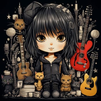 Girl with black hair, surrounded by cats dark, Halloween themed illustration