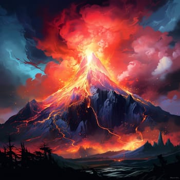 Experience the captivating beauty of nature's fiery symphony in this vibrant and dynamic illustration. A volcanic eruption takes center stage, mesmerizing the viewer with its intense hues and billowing clouds of ash. Molten lava cascades down the mountainside, creating a mesmerizing dance of destruction and creation. The raw power and breathtaking beauty of this scene will leave you in awe.