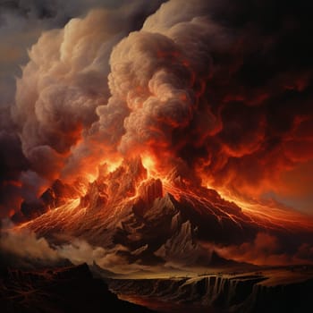 Witness the destructive power and mesmerizing beauty of a volcanic eruption in this semi-realistic image reminiscent of traditional oil paintings. As dusk sets in, a massive volcanic mountain dominates the scene, shrouded in billowing smoke and ash. Molten lava surges from the crater, cascading down the slopes and converging into a nearby body of water, creating a fiery spectacle of swirling red and orange hues. The surrounding landscape is bathed in an ethereal light as the eruption engulfs the horizon. In the foreground, a group of onlookers stands at a safe distance, captivated by the terrifying and awe-inspiring forces of nature.