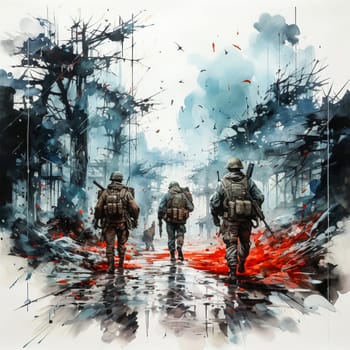 Soldiers amid red gray watercolor splashes powerful and evocative illustration.