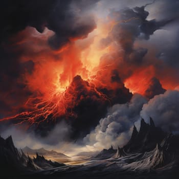 Witness the fierce and captivating natural phenomenon in this vibrant and dramatic artistic depiction of a volcanic eruption. The artwork showcases the raw power of nature's fury as a surge of molten lava erupts from the volcano, engulfing the landscape in a torrent of fiery chaos. The billowing smoke and glowing ash create a mesmerizing spectacle against the contrasting backdrop of a darkened sky, illuminated by streaks of fire and ash clouds. This image captures the intense beauty and adrenaline-inducing moment of a volcanic eruption, evoking a sense of awe and wonder. The dynamic motion, vibrant color palette, and hint of danger make this artwork a powerful and attention-grabbing piece that will captivate viewers and inspire a range of emotions.