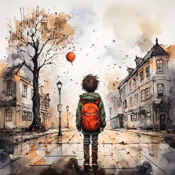 Child returning from school in autumn street landscape. Warm hues capture the essence of a cozy, nostalgic journey